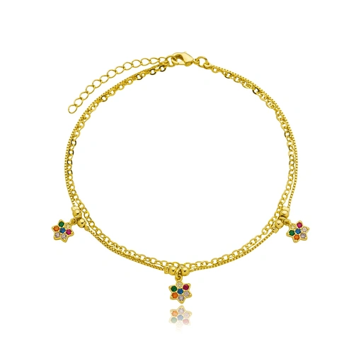 Tornozeleira Dupla Flor Zirconia Banhada a Ouro 18k
