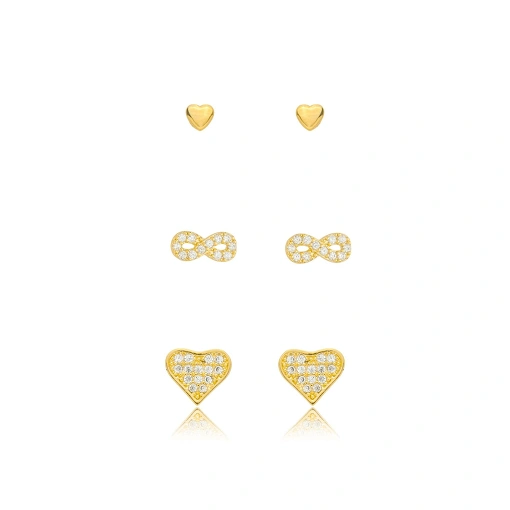 Brinco Trio Coração Infinito Zirconia Banhado a Ouro 18k