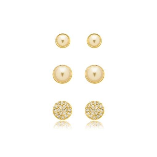 Brinco Trio Perola Zirconia Banhado a Ouro 18k