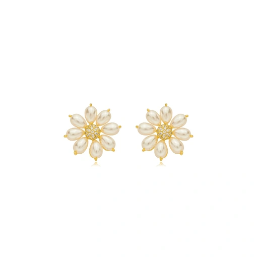 Brinco Flor Perola Zirconia Banhado a Ouro 18k