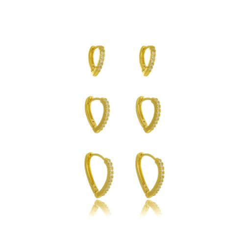 Brinco Trio Articulado Coração Zirconia Banhado a Ouro 18k