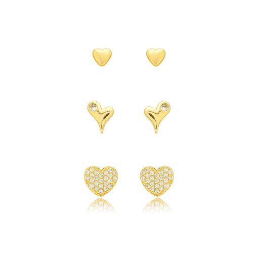 Brinco Trio Coração Zirconia Banhado a Ouro 18k