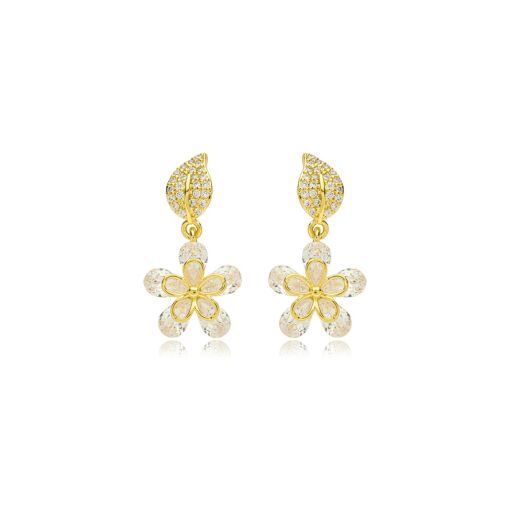 Brinco Folha/flor Zirconia Banhado a Ouro 18k