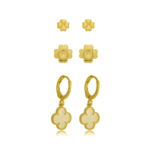 Brinco Trio Trevo Resina Banhado a Ouro 18k