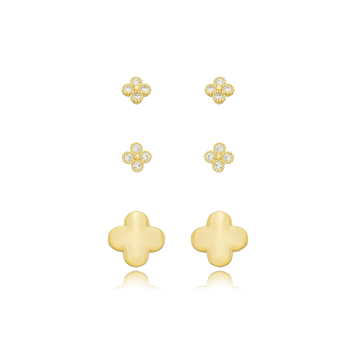 Brinco Trio Trevo Zirconia Banhado a Ouro 18k