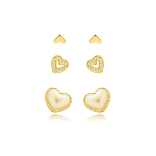 Brinco Trio Coração Zirconia Banhado a Ouro 18k