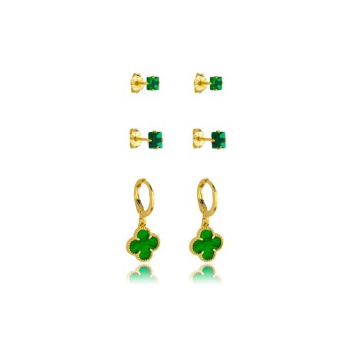 Brinco Trio Trevo Resina Banhado a Ouro 18k