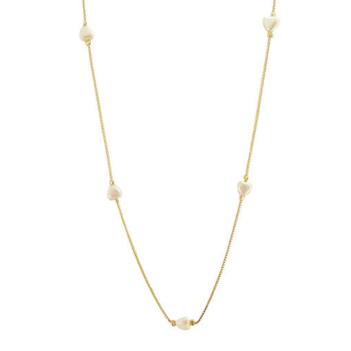 Colar Alongado Pérola Coração Banhado a Ouro 18k.