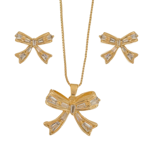 Conjunto Laço Zirconia Banhado a Ouro 18k
