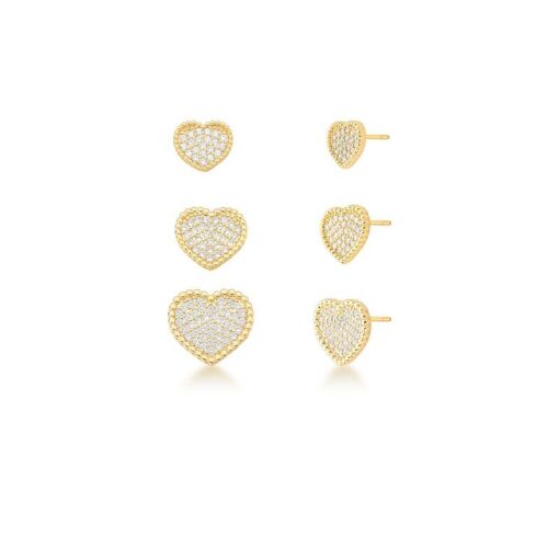 TRIO DE BRINCOS DE CORAÇÃO COM ZIRCÔNIAS