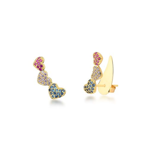 BRINCO EAR CUFF TRES CORAÇÕES CRAVEJADO EM ZIRCÔNIAS