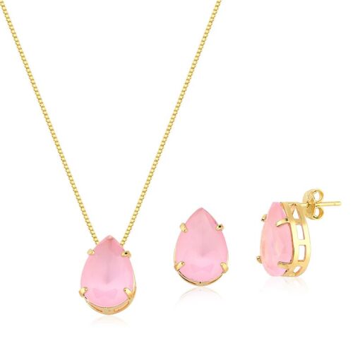 CONJUNTO FOLHEADO GOTA ZIRCÔNIA ROSA