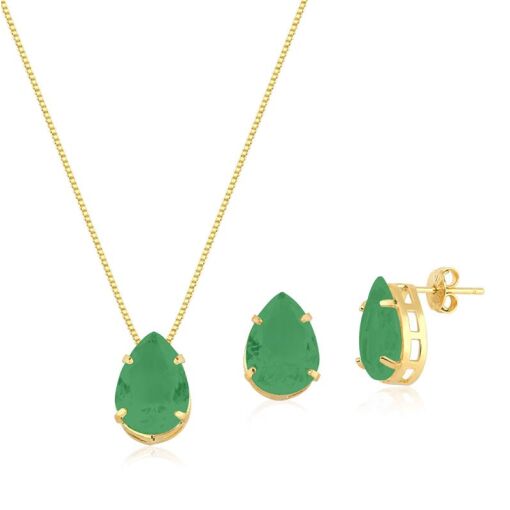 CONJUNTO FOLHEADO GOTA ZIRCÔNIA VERDE