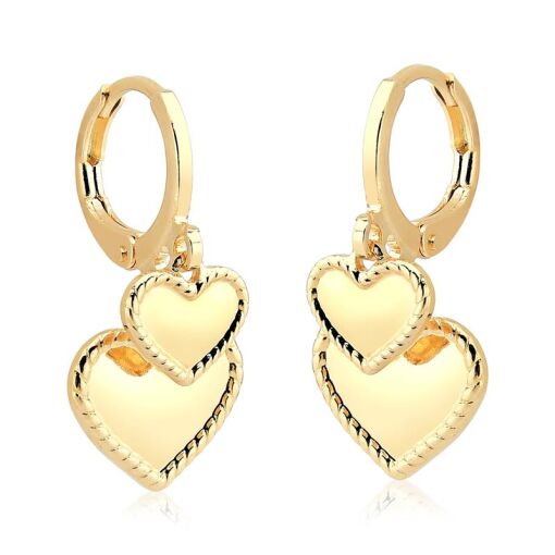 BRINCO FOLHEADO ARGOLINHA COM 2 CORAÇÕES PENDURADOS