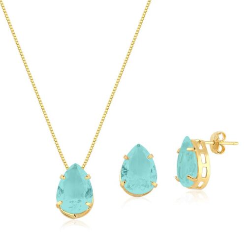 CONJUNTO FOLHEADO GOTA ZIRCÔNIA AZUL