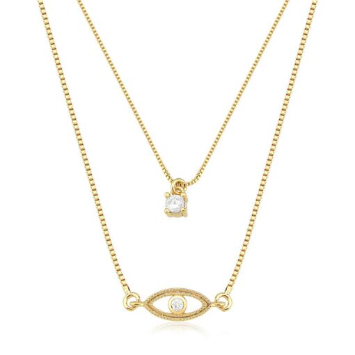 GARGANTILHA FOLHEADO DUPLA COM PONTO DE LUZ E OLHO GREGO 45CM E