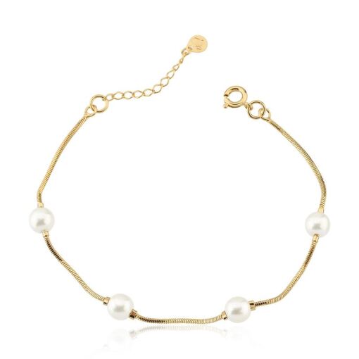 PULSEIRA FOLHEADO PÉROLAS 6MM 18CM + 3CM EXTENSOR