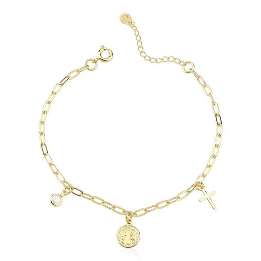 PULSEIRA FOLHEADO SÃO BENTO, CRUZ, PONTO DE LUZ 18CM + 3CM EXTEN