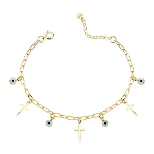 PULSEIRA FOLHEADO OLHO GREGO E CRUZ 18CM + 3CM EXTENSOR