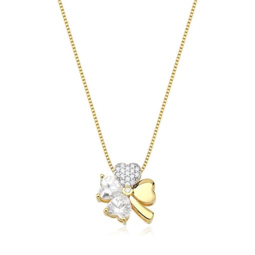 GARGANTILHA FOLHEADO TREVO ZIRCÔNIA 45CM + 3CM EXTENSOR