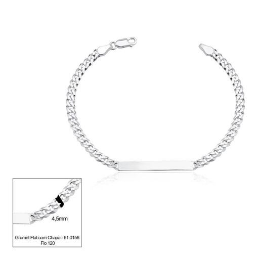PULSEIRA PRATA GRUMET FLAT COM CHAPINHA 21CM