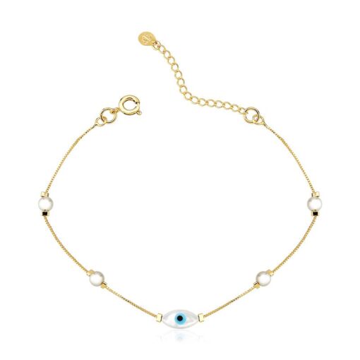 PULSEIRA FOLHEADO PÉROLAS COM OLHO GREGO 18CM + 3CM EXTENSOR