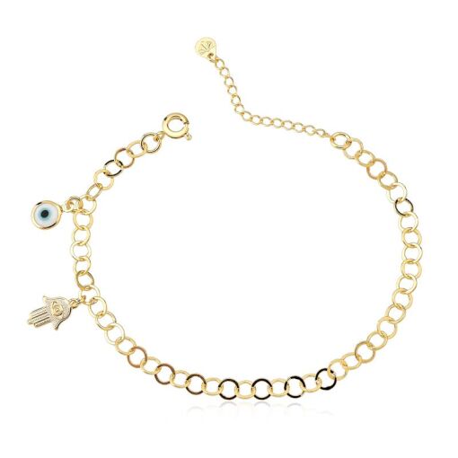 PULSEIRA FOLHEADO OLHO GREGO + MÃO DE FÁTIMA 18CM + 3CM EXTENSOR