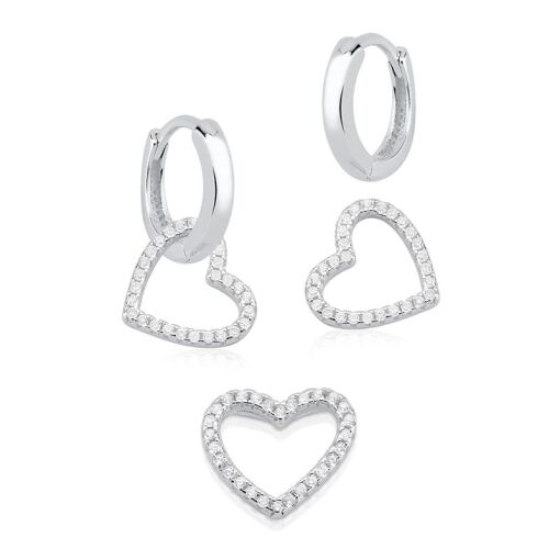 CONJUNTO PRATA CORAÇÃO, BRINCO CLICK, CORRENTE 45CM
