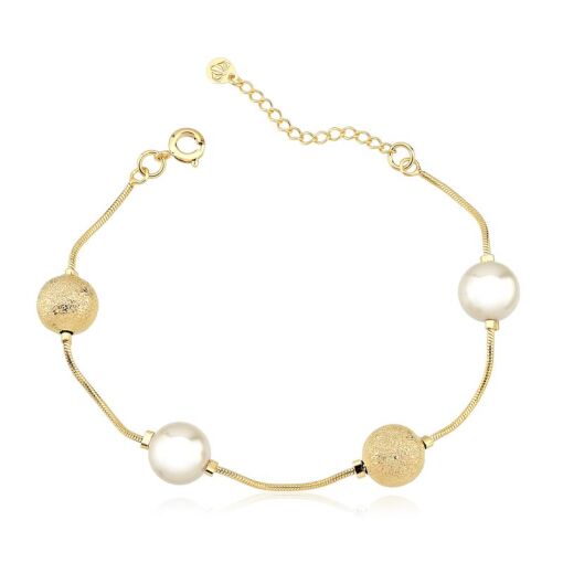 PULSEIRA FOLHEADO BOLAS FOSCAS E PÉROLAS 10MM 18CM + 3CM EXTENSO