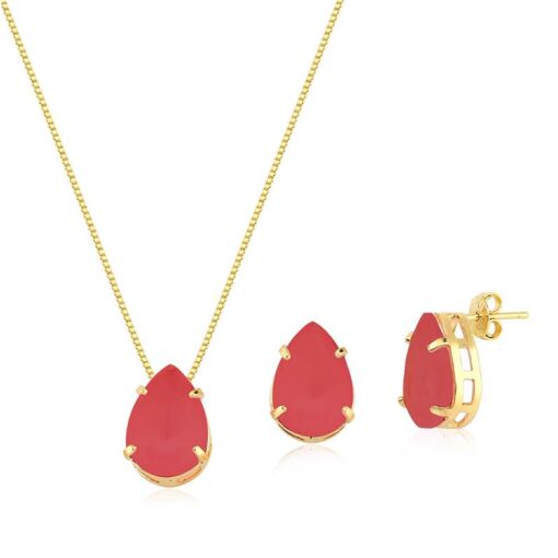 CONJUNTO FOLHEADO GOTA ZIRCÔNIA VERMELHA