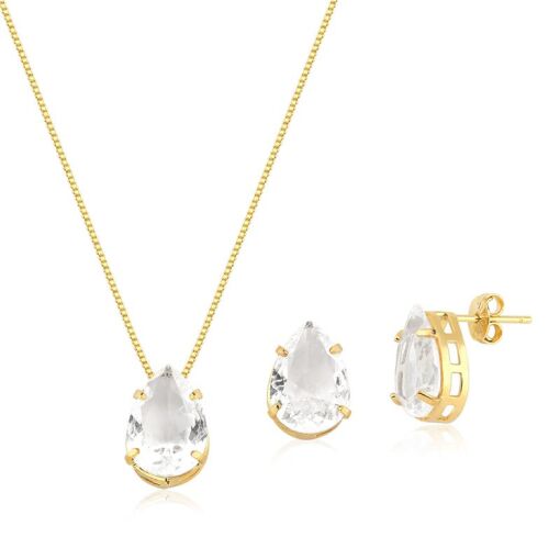 CONJUNTO FOLHEADO GOTA ZIRCÔNIA CRISTAL