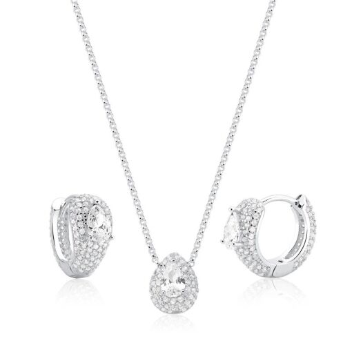 CONJUNTO PRATA TODO CRAVEJADO, GOTA CRISTAL NO CENTRO