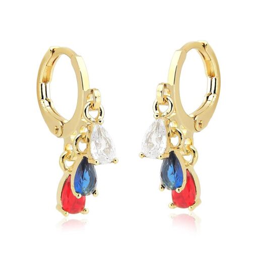 BRINCO FOLHEADO ARGOLINHA COM GOTA ZIRCÔNIA COLORIDAS PENDURADAS