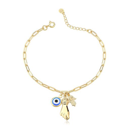 PULSEIRA FOLHEADO FIGA, OLHO GREGO, MÃO DE FÁTIMA 18CM + 3CM EXT