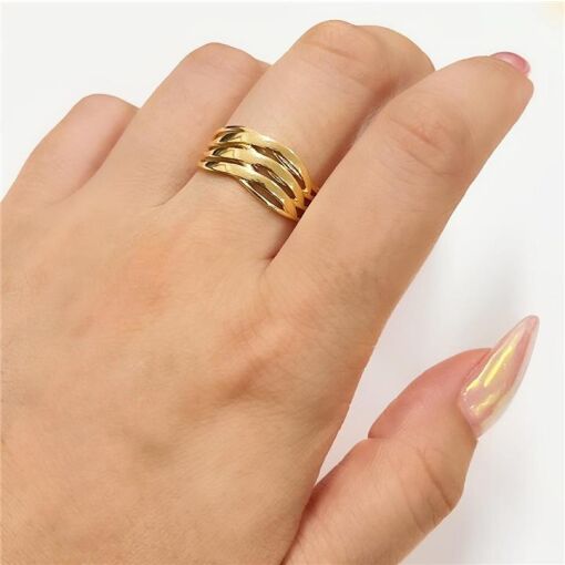 ANEL 4 AROS LISOS ONDULADOS FOLHEADO A OURO 18K