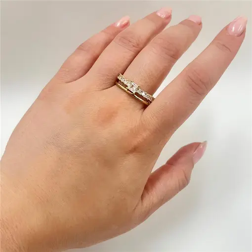 ANEL ARO DUPLO PEDRAS E LISO  FOLHEADO A OURO 18K