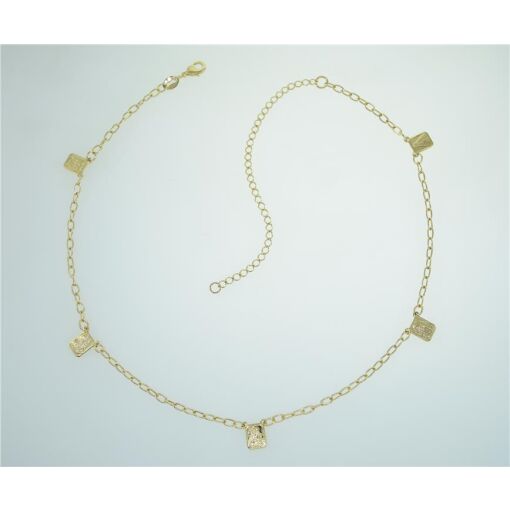 CHOKER COR RETANGULOS COM SANTOS E ORAÇOES FOLHEADO A PRATA
