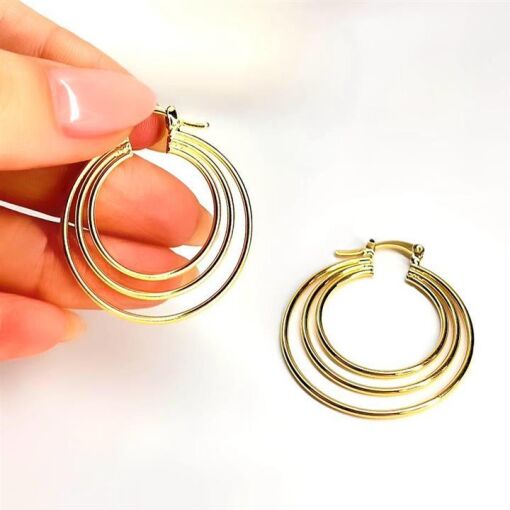 BRINCO ARGOLA PEQ C/ 3 AROS LISOS 3CM FOLHEADO A OURO 18K
