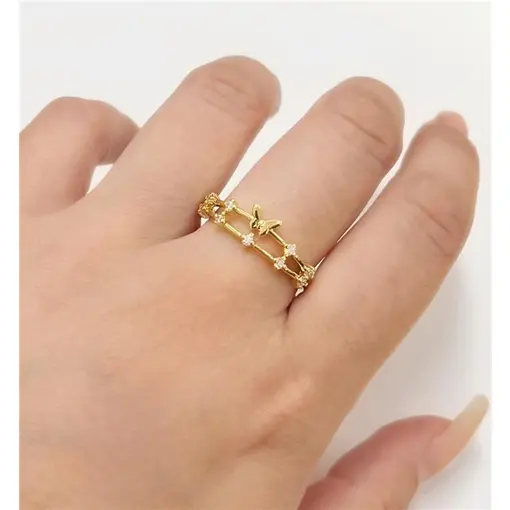 ANEL ARO DUPLO BORBOLETA E ZIRC  FOLHEADO A OURO 18K