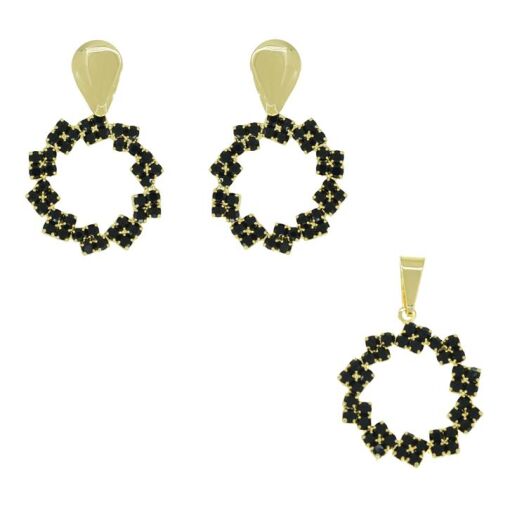 CONJ BR E PING TIPO  GUIRLANDA CRAVEJADA  FOLHEADO A OURO 18K