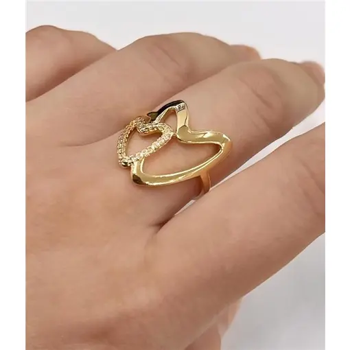 ANEL CORAÇÃO LISO E CRAVEJADO  FOLHEADO A OURO 18K