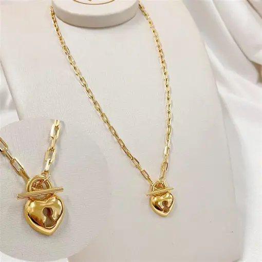 COLAR C/ CADEADO CORAÇÃO  FOLHEADO A OURO 18K