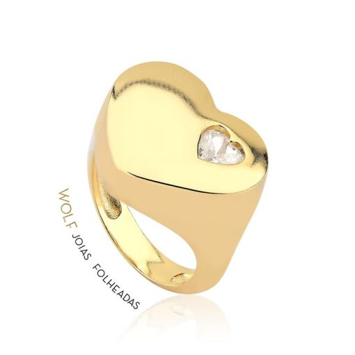 ANEL CORAÇÃO LISO C/ MINI CORAÇÃO ZIRC  FOLHEADO A OURO 18K