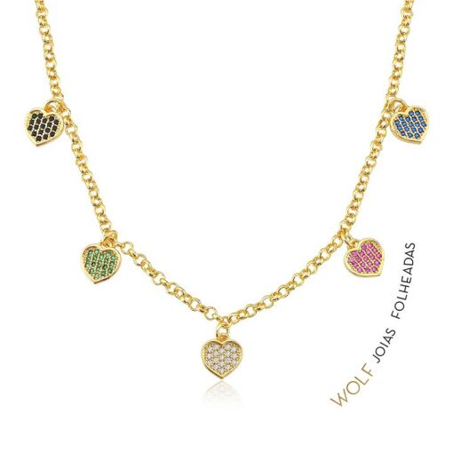 CHOKER PORTUGUESA C/ 5 CORAÇÕES CRAVEJADOS  FOLHEADO A OURO 18K
