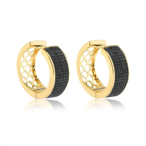 BR ARGOLA CRAVEJADO ZIRCONIA NEGRA FOLHEADO A OURO 18K