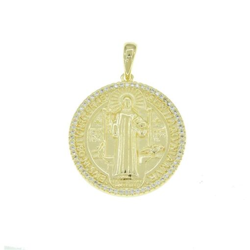 PINGENTE REDONDO SAO BENTO BORDA CRAVEJ ZIRCONIA FOLHEADO A OURO