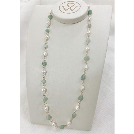 GARG LONGA C/ PEDRAS E PÉROLAS ASSIMÉTRICAS  FOLHEADO A PRATA