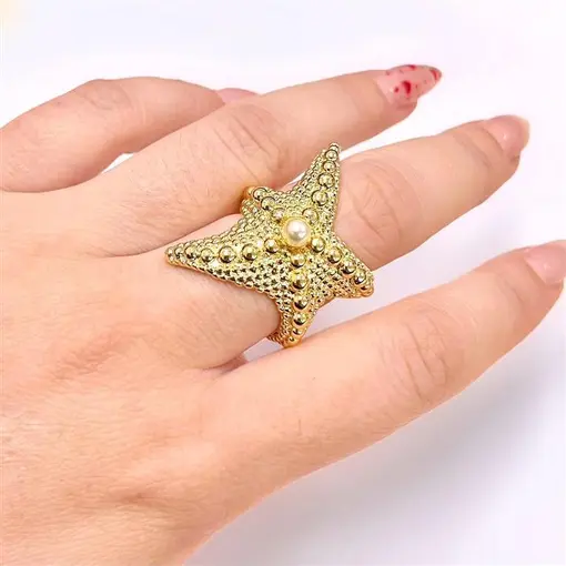 ANEL ESTRELA DO MAR ABERTO C/ PÉROLA FOLHEADO A OURO 18K