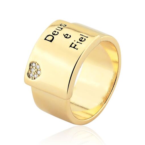 ANEL LARGO E LISO ESCRITO DEUS É FIEL FOLHEADO A OURO 18K