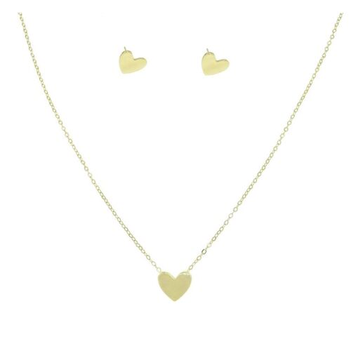 CONJ COLAR E BRINCO C/ CORAÇAO LISO FOLHEADO A OURO 18K